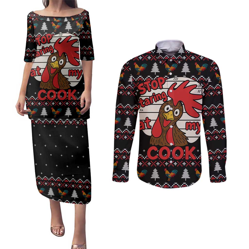 Chicken Stop Christmas Couples Matching Puletasi and Long Sleeve Button Shirt Xmas Holiday Patterns - Wonder Print Shop