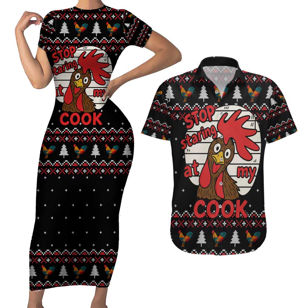 Chicken Stop Christmas Couples Matching Short Sleeve Bodycon Dress and Hawaiian Shirt Xmas Holiday Patterns - Wonder Print Shop