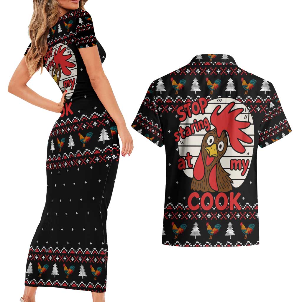 Chicken Stop Christmas Couples Matching Short Sleeve Bodycon Dress and Hawaiian Shirt Xmas Holiday Patterns - Wonder Print Shop