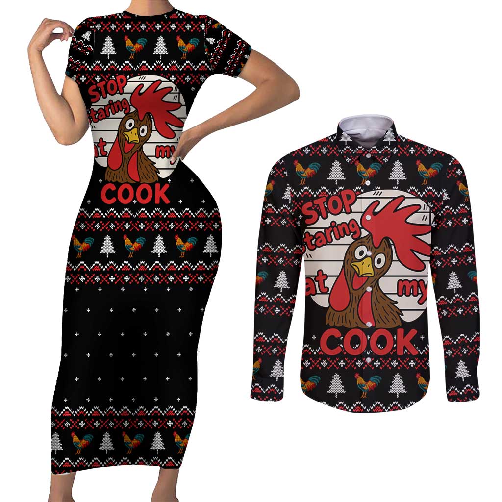 Chicken Stop Christmas Couples Matching Short Sleeve Bodycon Dress and Long Sleeve Button Shirt Xmas Holiday Patterns - Wonder Print Shop