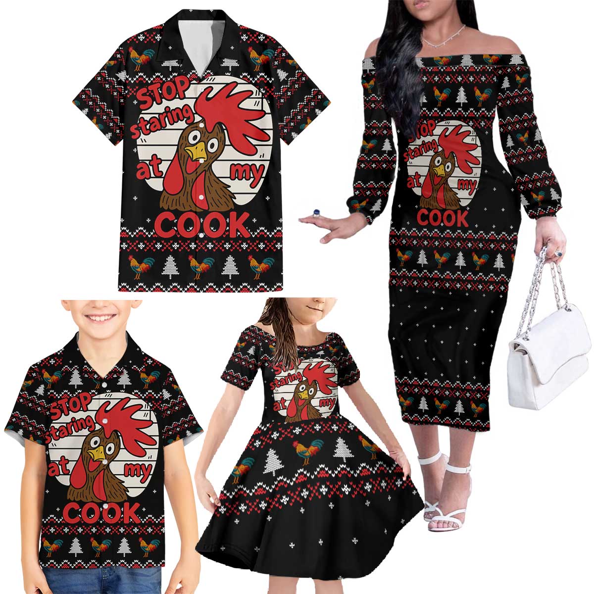Chicken Stop Christmas Family Matching Off The Shoulder Long Sleeve Dress and Hawaiian Shirt Xmas Holiday Patterns - Wonder Print Shop