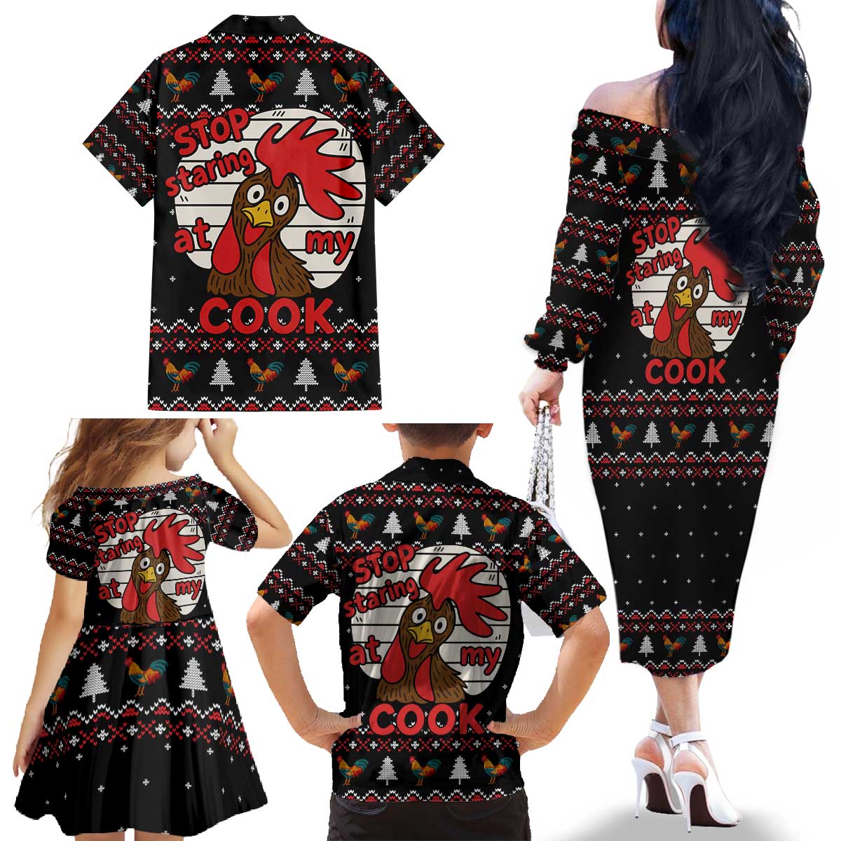 Chicken Stop Christmas Family Matching Off The Shoulder Long Sleeve Dress and Hawaiian Shirt Xmas Holiday Patterns - Wonder Print Shop