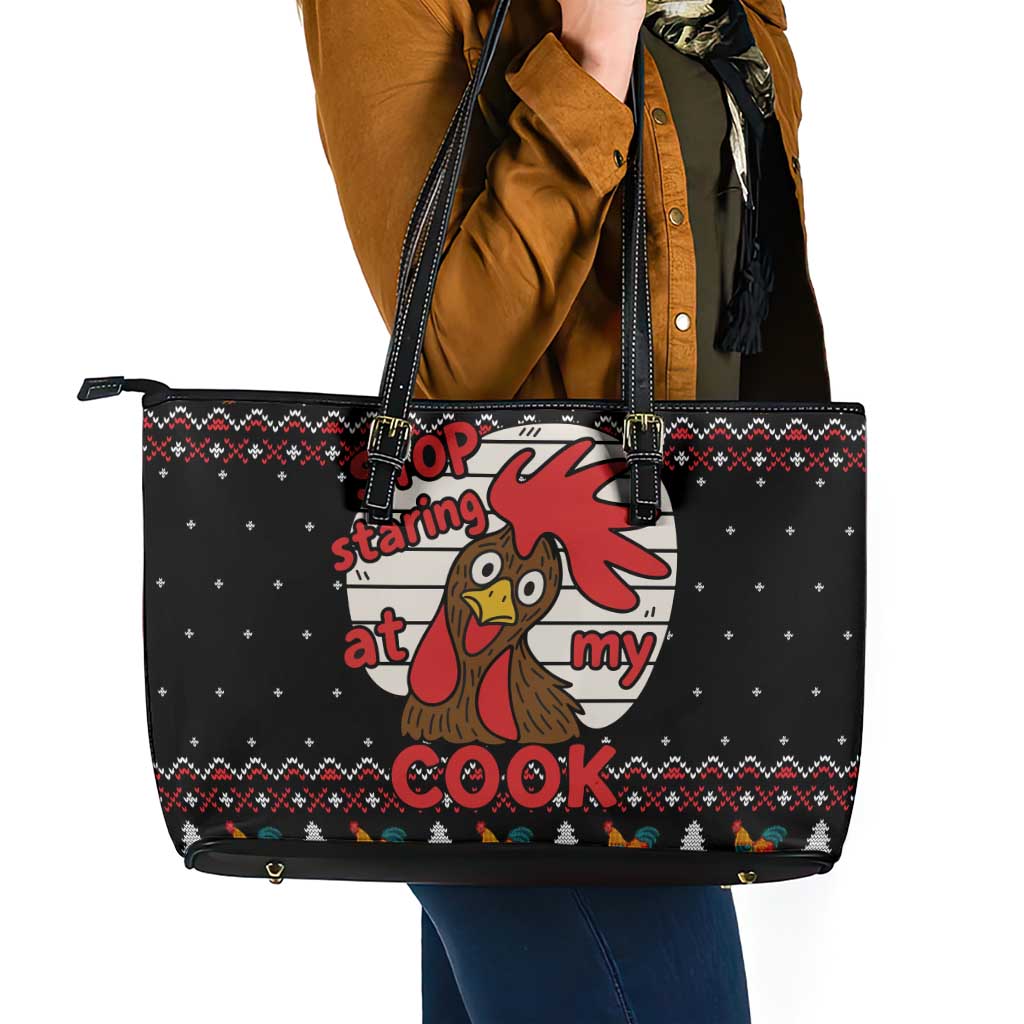 Chicken Stop Christmas Leather Tote Bag Xmas Holiday Patterns - Wonder Print Shop