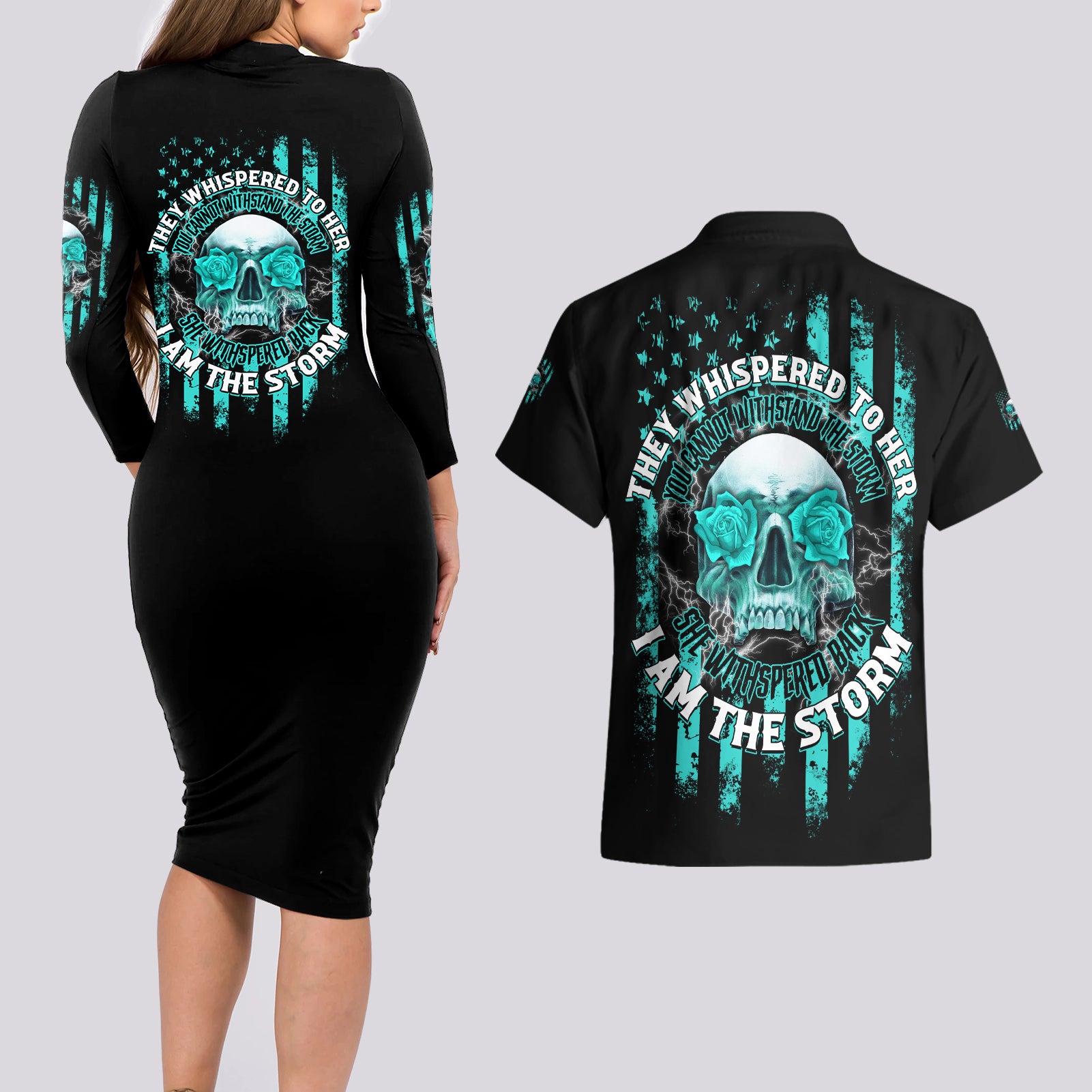 I Am The Storm Skul Couples Matching Long Sleeve Bodycon Dress and Hawaiian Shirt - Wonder Print Shop