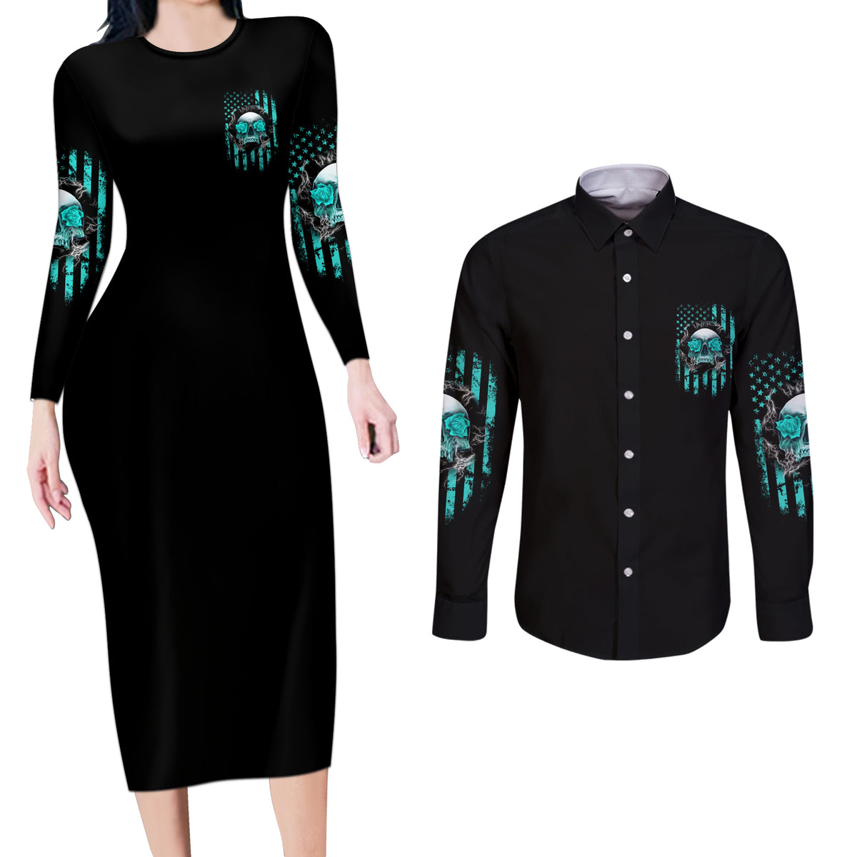 I Am The Storm Skul Couples Matching Long Sleeve Bodycon Dress and Long Sleeve Button Shirt - Wonder Print Shop