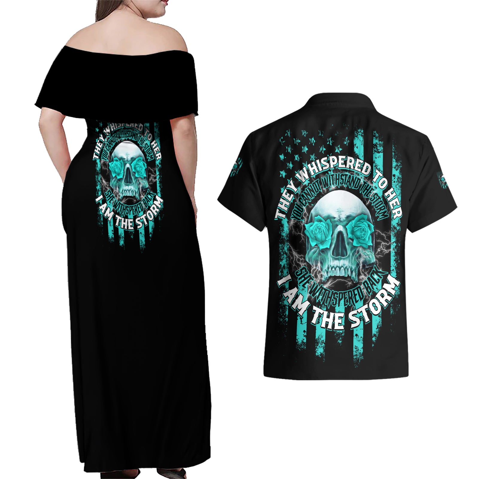 I Am The Storm Skul Couples Matching Off Shoulder Maxi Dress and Hawaiian Shirt - Wonder Print Shop