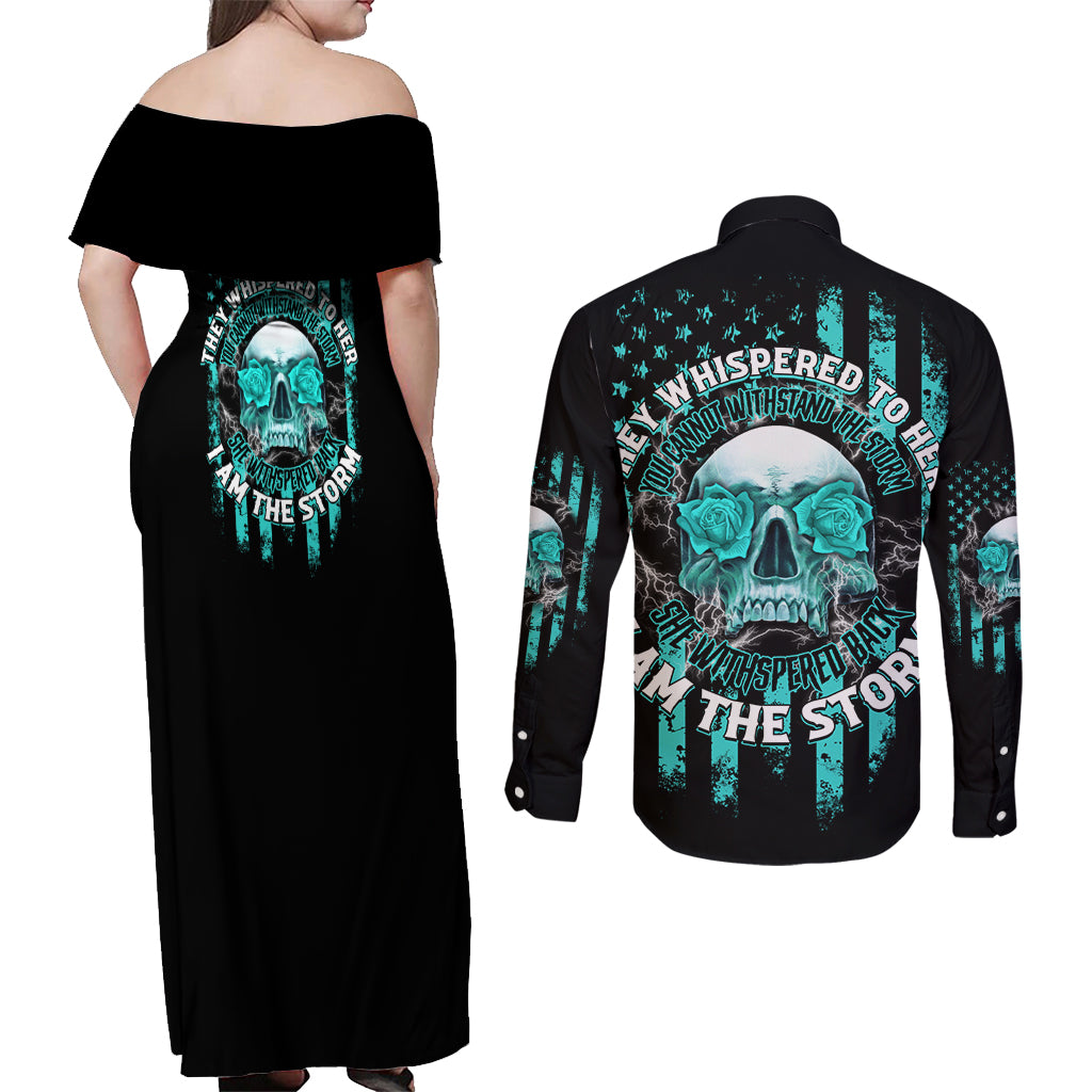 I Am The Storm Skul Couples Matching Off Shoulder Maxi Dress and Long Sleeve Button Shirt - Wonder Print Shop