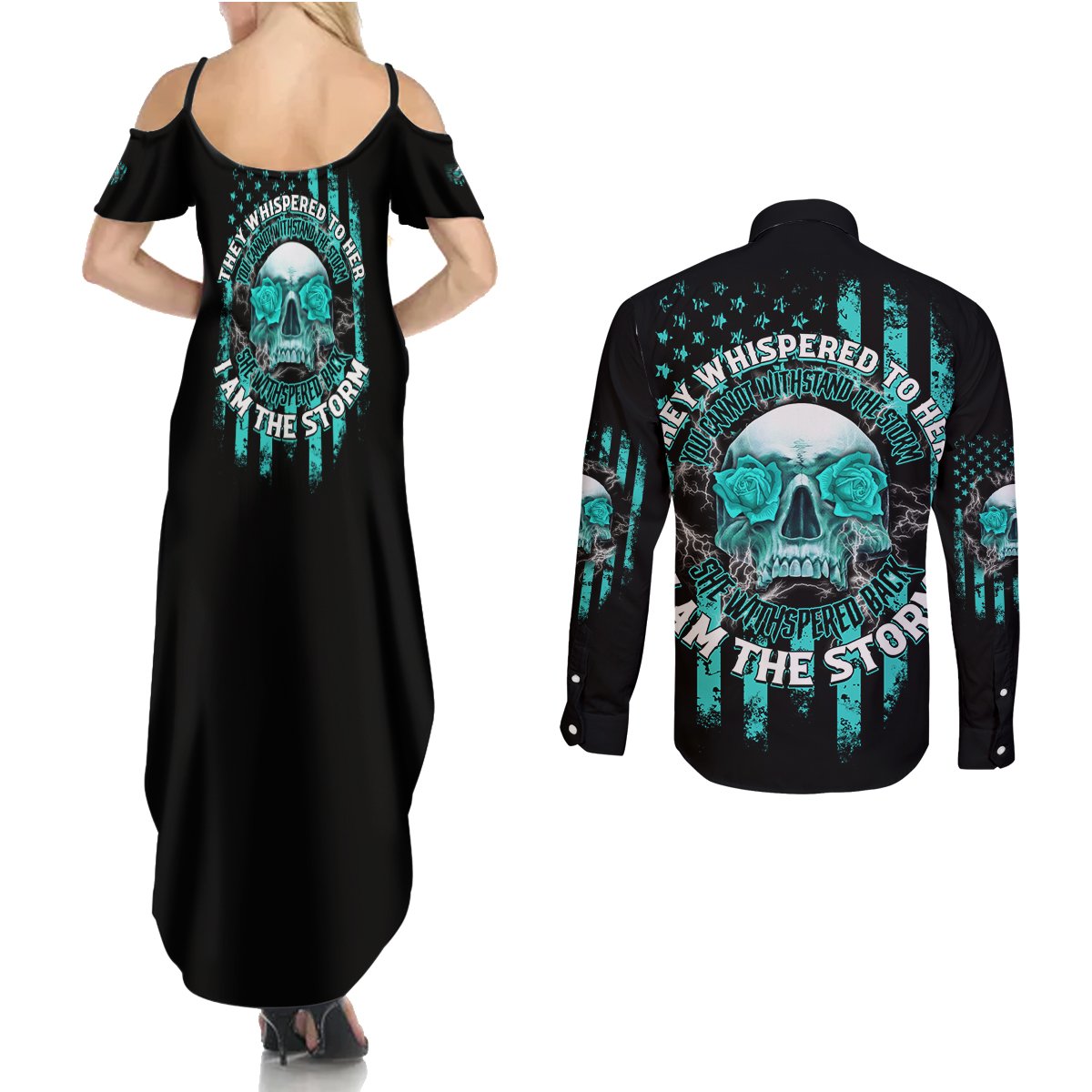 I Am The Storm Skul Couples Matching Summer Maxi Dress and Long Sleeve Button Shirt - Wonder Print Shop