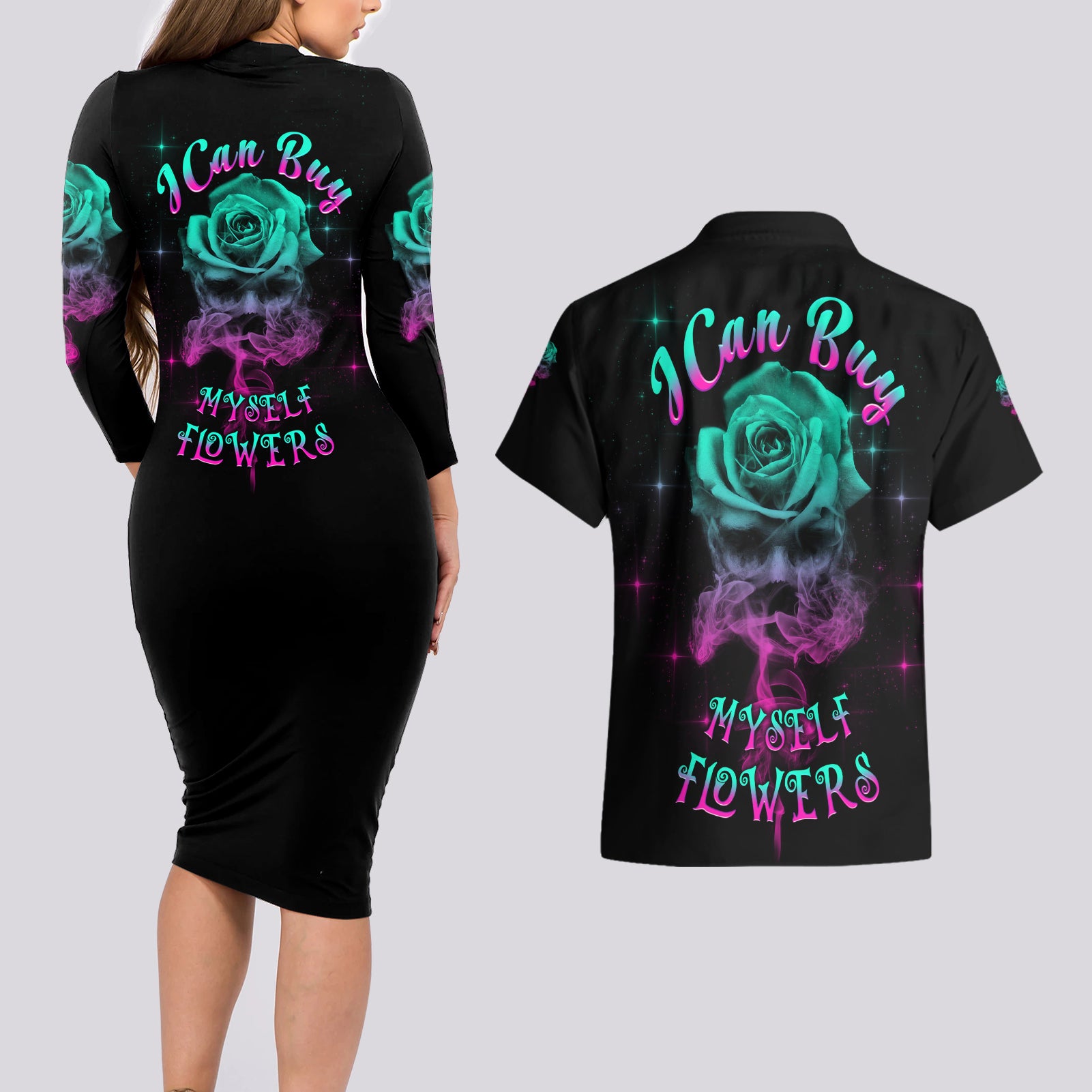 I Can Buy Myself Flowers Smoke Rose Skull Couples Matching Long Sleeve Bodycon Dress and Hawaiian Shirt - Wonder Print Shop