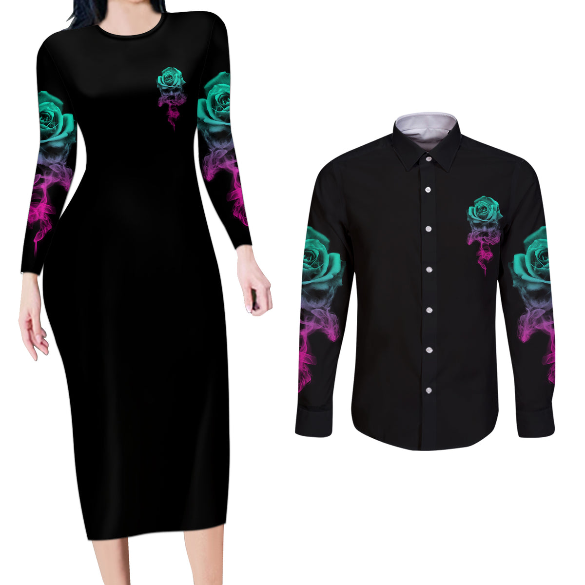 I Can Buy Myself Flowers Smoke Rose Skull Couples Matching Long Sleeve Bodycon Dress and Long Sleeve Button Shirt - Wonder Print Shop