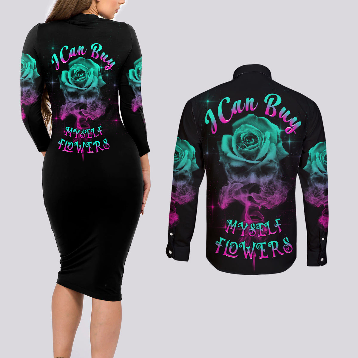 I Can Buy Myself Flowers Smoke Rose Skull Couples Matching Long Sleeve Bodycon Dress and Long Sleeve Button Shirt - Wonder Print Shop