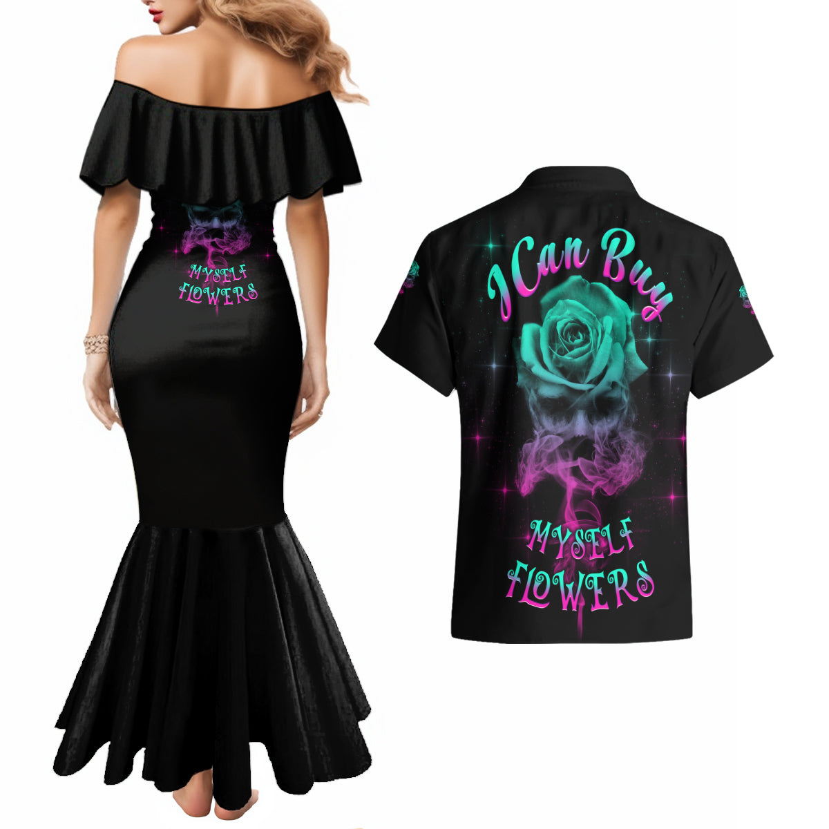 I Can Buy Myself Flowers Smoke Rose Skull Couples Matching Mermaid Dress and Hawaiian Shirt - Wonder Print Shop