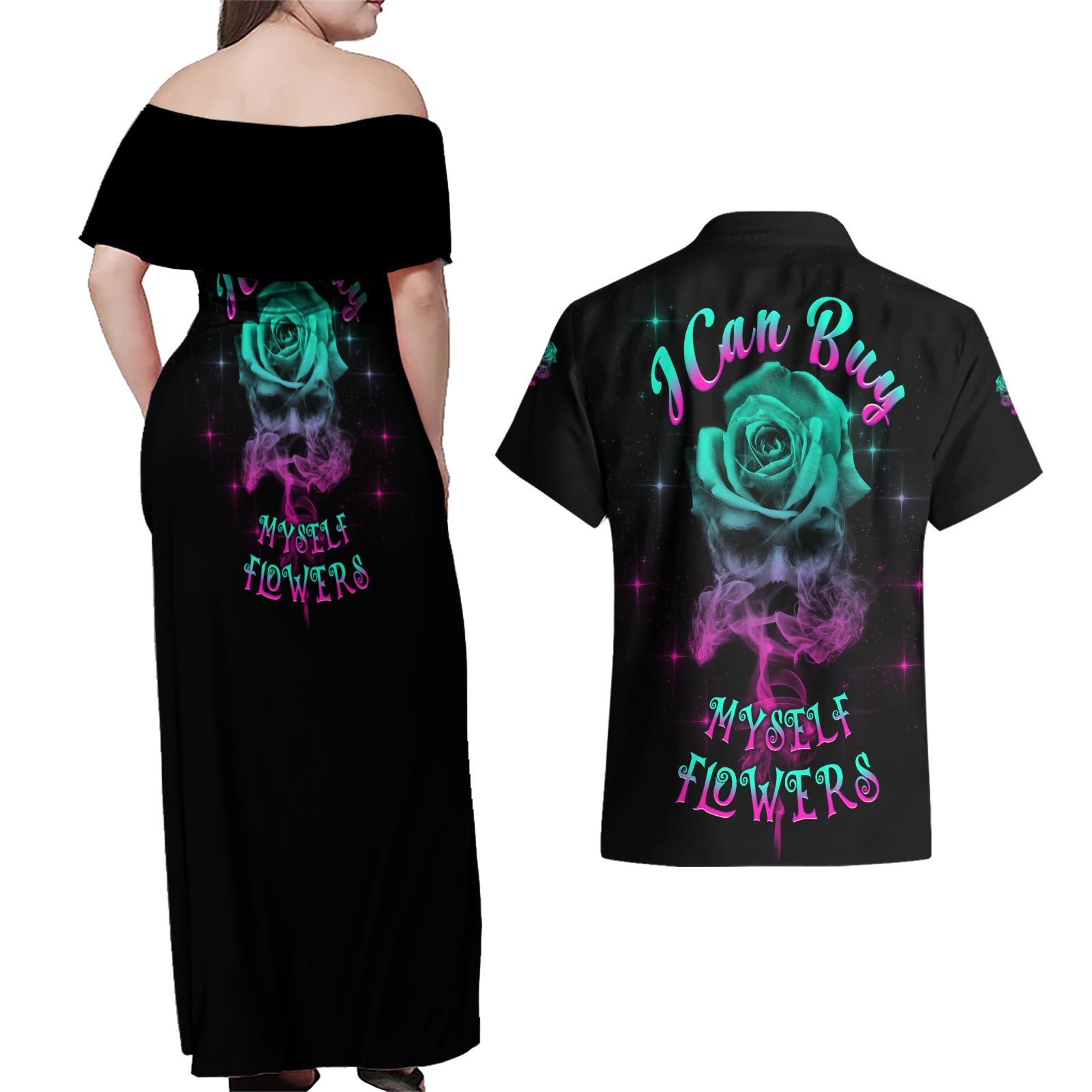I Can Buy Myself Flowers Smoke Rose Skull Couples Matching Off Shoulder Maxi Dress and Hawaiian Shirt - Wonder Print Shop