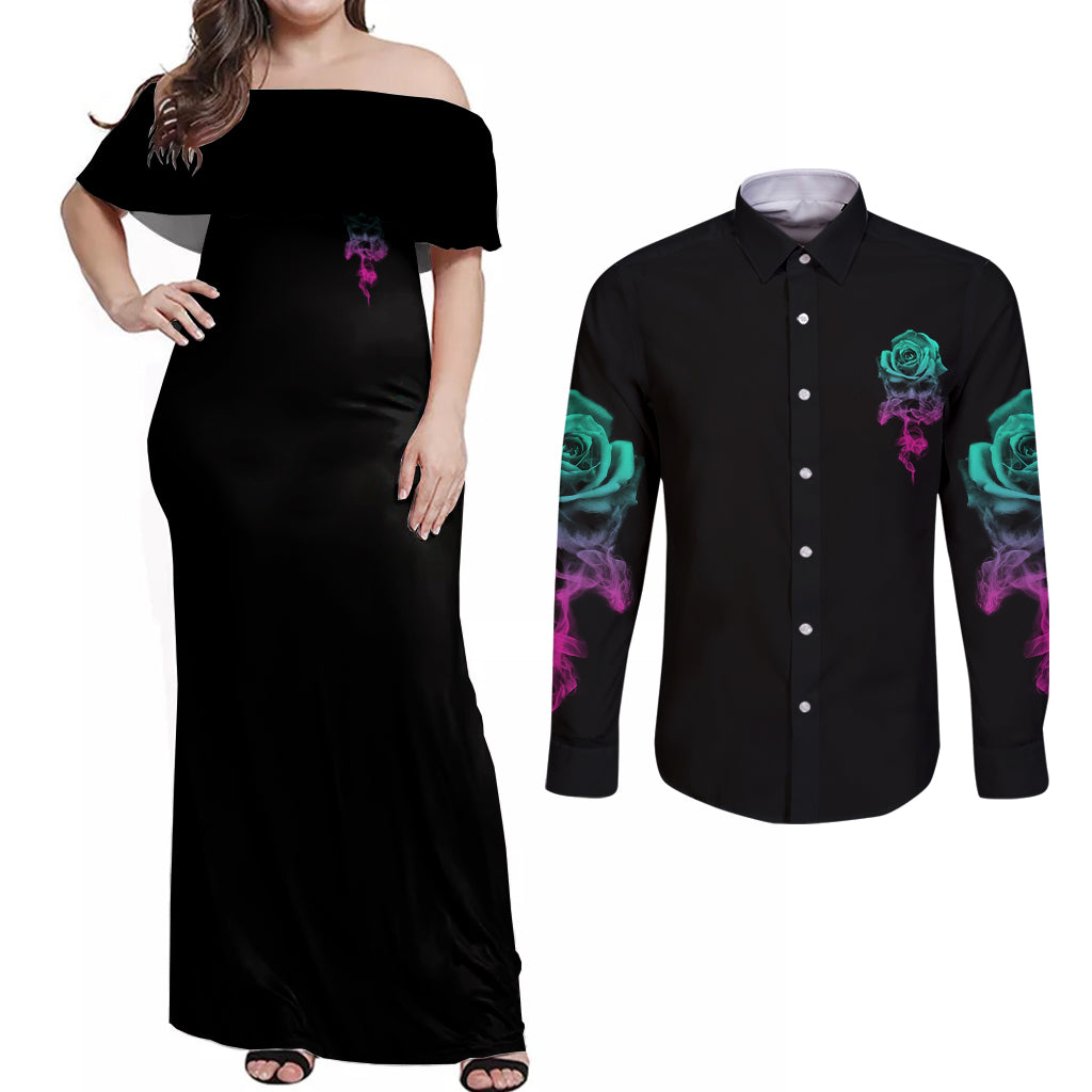 I Can Buy Myself Flowers Smoke Rose Skull Couples Matching Off Shoulder Maxi Dress and Long Sleeve Button Shirt - Wonder Print Shop