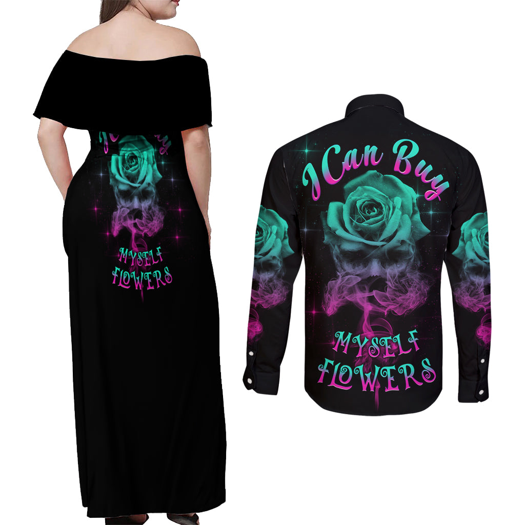 I Can Buy Myself Flowers Smoke Rose Skull Couples Matching Off Shoulder Maxi Dress and Long Sleeve Button Shirt - Wonder Print Shop
