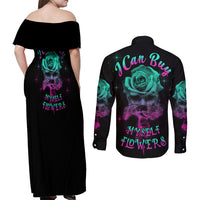I Can Buy Myself Flowers Smoke Rose Skull Couples Matching Off Shoulder Maxi Dress and Long Sleeve Button Shirt - Wonder Print Shop
