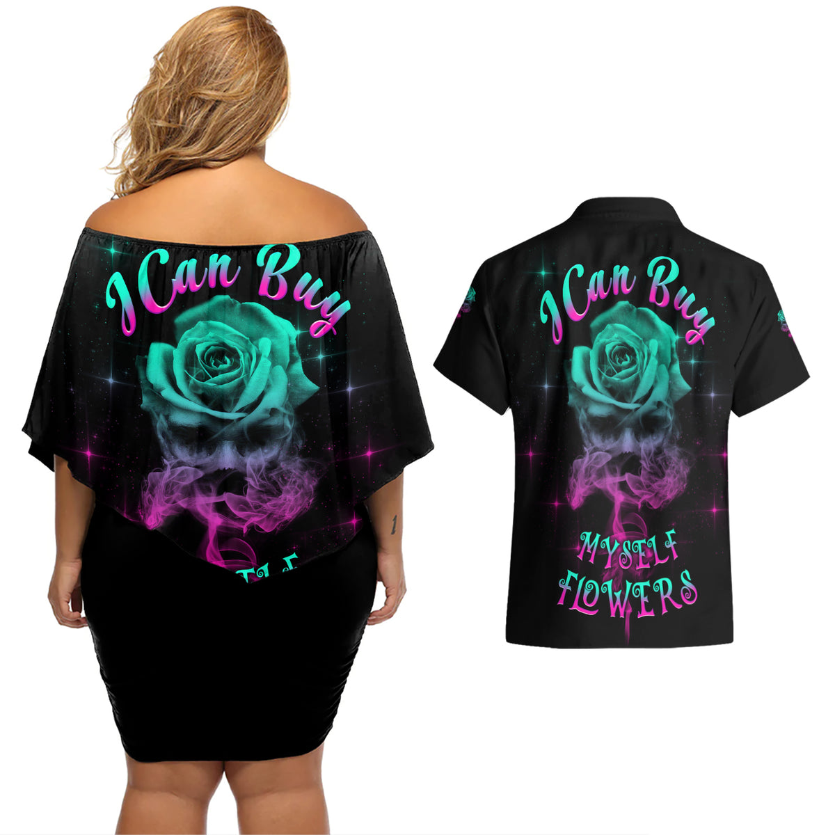 I Can Buy Myself Flowers Smoke Rose Skull Couples Matching Off Shoulder Short Dress and Hawaiian Shirt - Wonder Print Shop