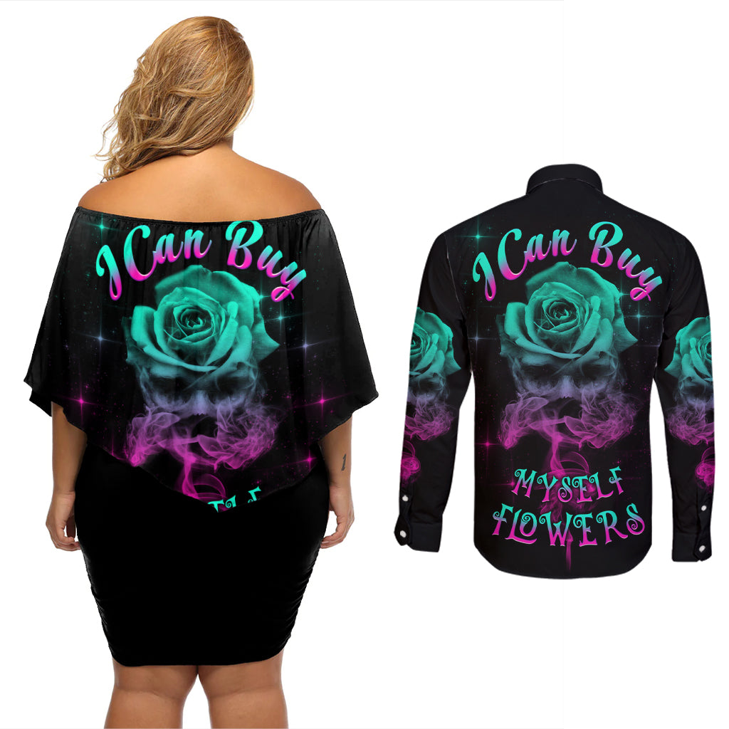 I Can Buy Myself Flowers Smoke Rose Skull Couples Matching Off Shoulder Short Dress and Long Sleeve Button Shirt - Wonder Print Shop