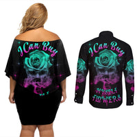 I Can Buy Myself Flowers Smoke Rose Skull Couples Matching Off Shoulder Short Dress and Long Sleeve Button Shirt - Wonder Print Shop