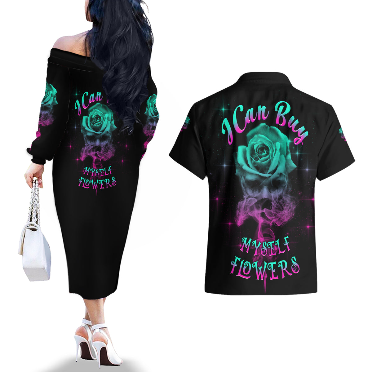 I Can Buy Myself Flowers Smoke Rose Skull Couples Matching Off The Shoulder Long Sleeve Dress and Hawaiian Shirt - Wonder Print Shop