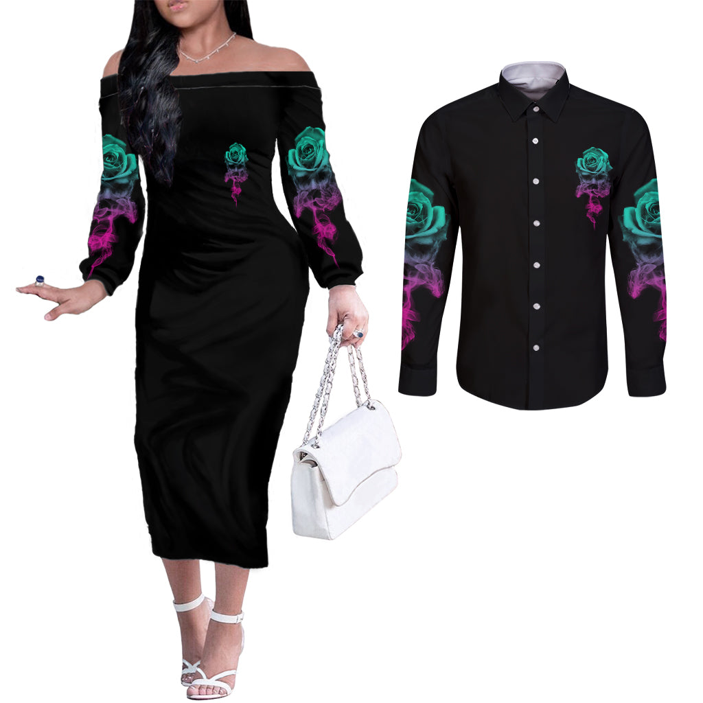 i-can-buy-myself-flowers-smoke-rose-skull-couples-matching-off-the-shoulder-long-sleeve-dress-and-long-sleeve-button-shirt
