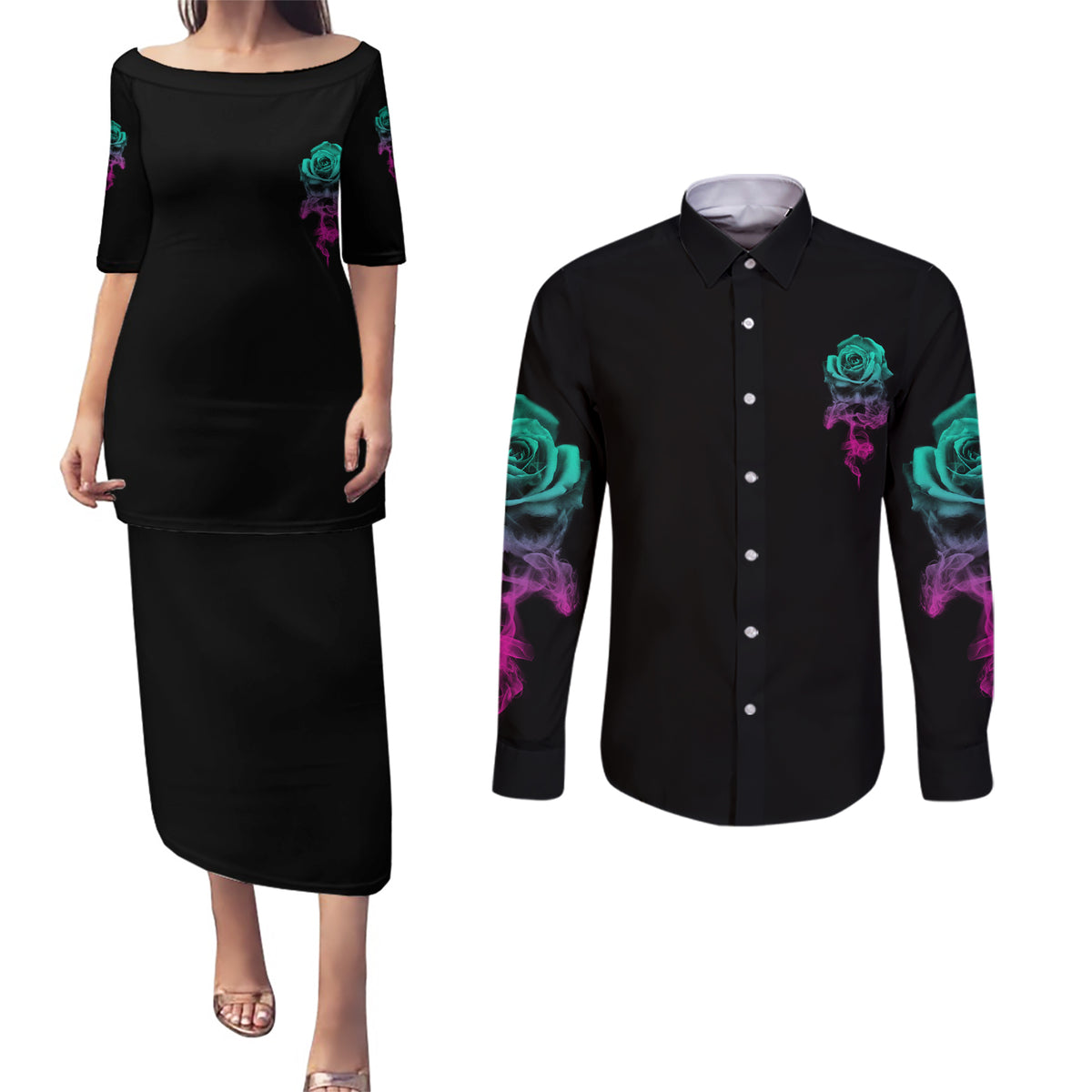 I Can Buy Myself Flowers Smoke Rose Skull Couples Matching Puletasi Dress and Long Sleeve Button Shirt - Wonder Print Shop