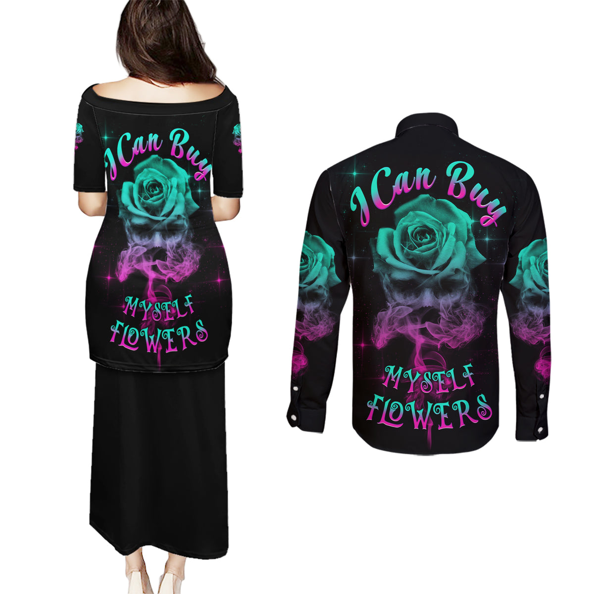 I Can Buy Myself Flowers Smoke Rose Skull Couples Matching Puletasi Dress and Long Sleeve Button Shirt - Wonder Print Shop
