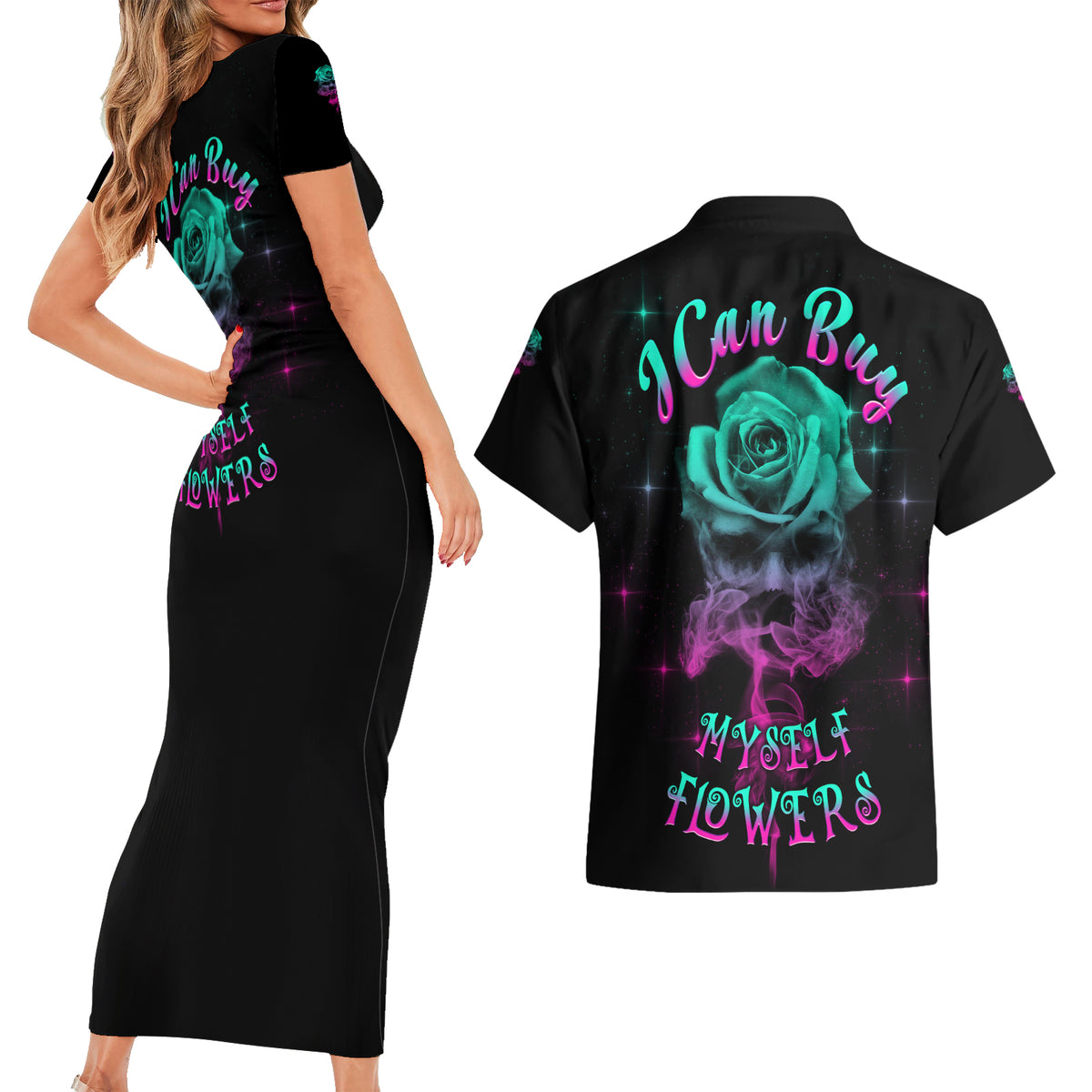I Can Buy Myself Flowers Smoke Rose Skull Couples Matching Short Sleeve Bodycon Dress and Hawaiian Shirt - Wonder Print Shop