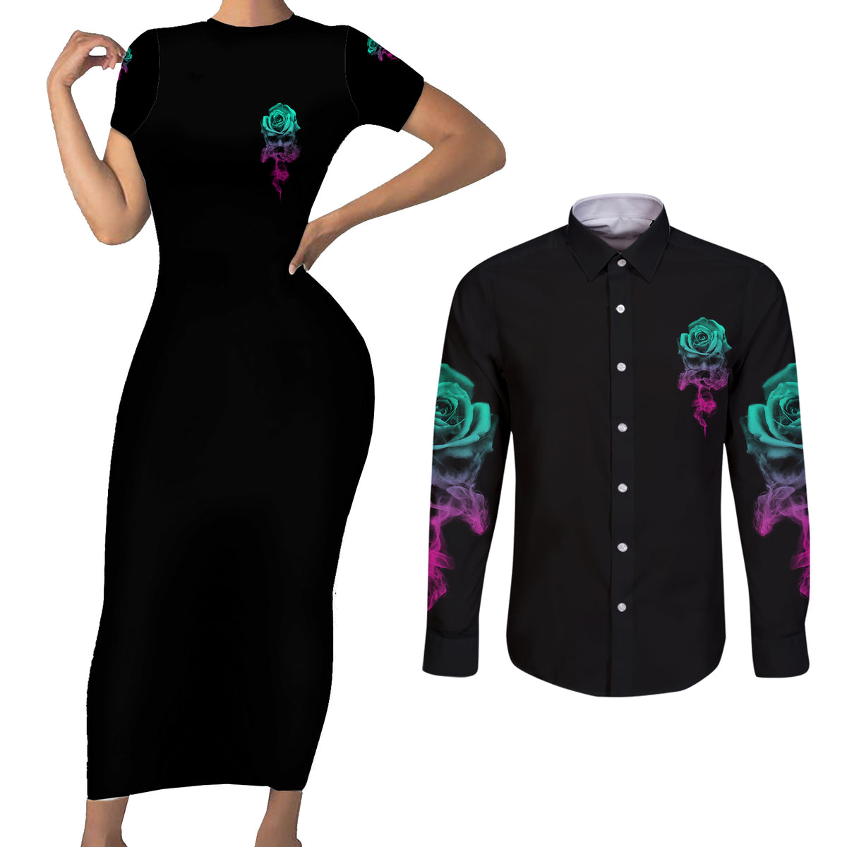 I Can Buy Myself Flowers Smoke Rose Skull Couples Matching Short Sleeve Bodycon Dress and Long Sleeve Button Shirt - Wonder Print Shop