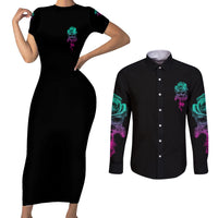 I Can Buy Myself Flowers Smoke Rose Skull Couples Matching Short Sleeve Bodycon Dress and Long Sleeve Button Shirt - Wonder Print Shop