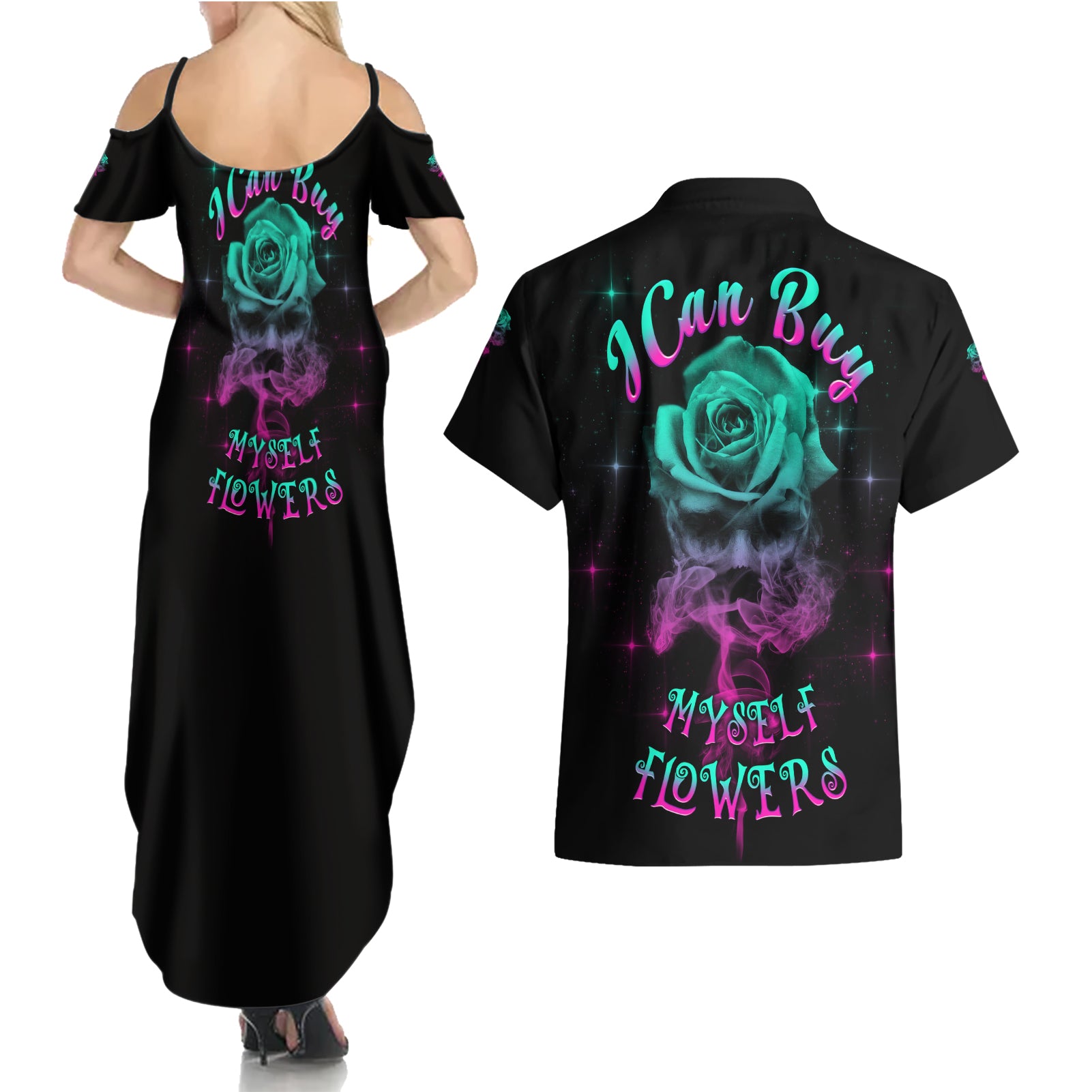 I Can Buy Myself Flowers Smoke Rose Skull Couples Matching Summer Maxi Dress and Hawaiian Shirt - Wonder Print Shop