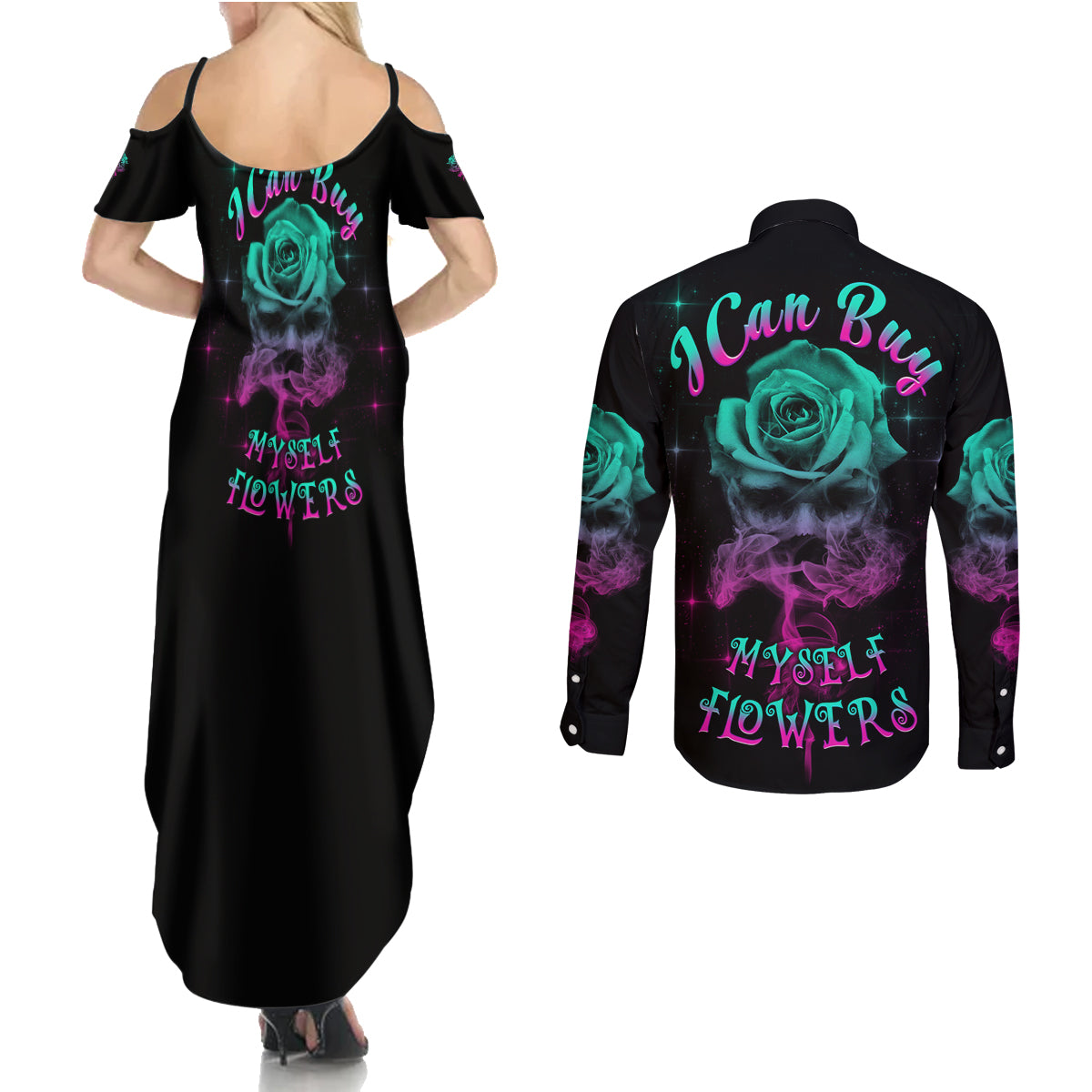 I Can Buy Myself Flowers Smoke Rose Skull Couples Matching Summer Maxi Dress and Long Sleeve Button Shirt - Wonder Print Shop