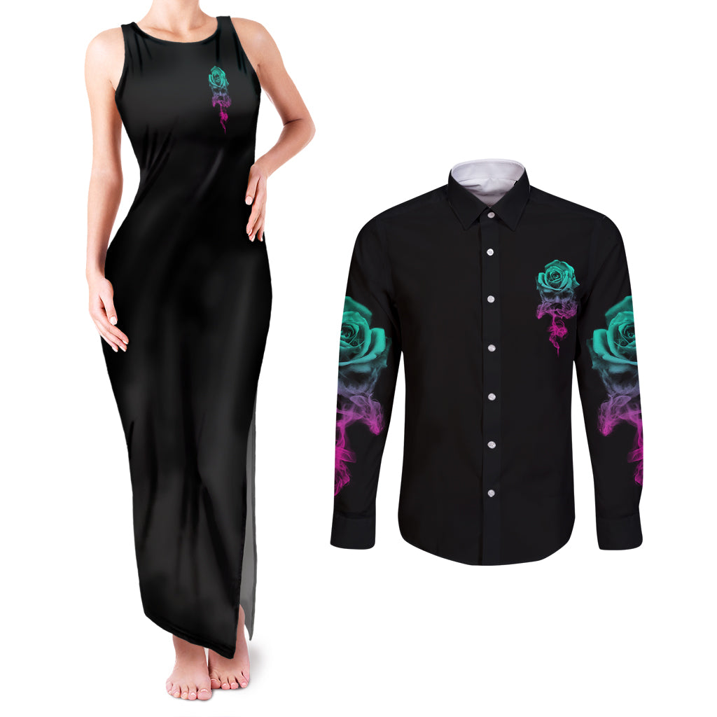 I Can Buy Myself Flowers Smoke Rose Skull Couples Matching Tank Maxi Dress and Long Sleeve Button Shirt - Wonder Print Shop