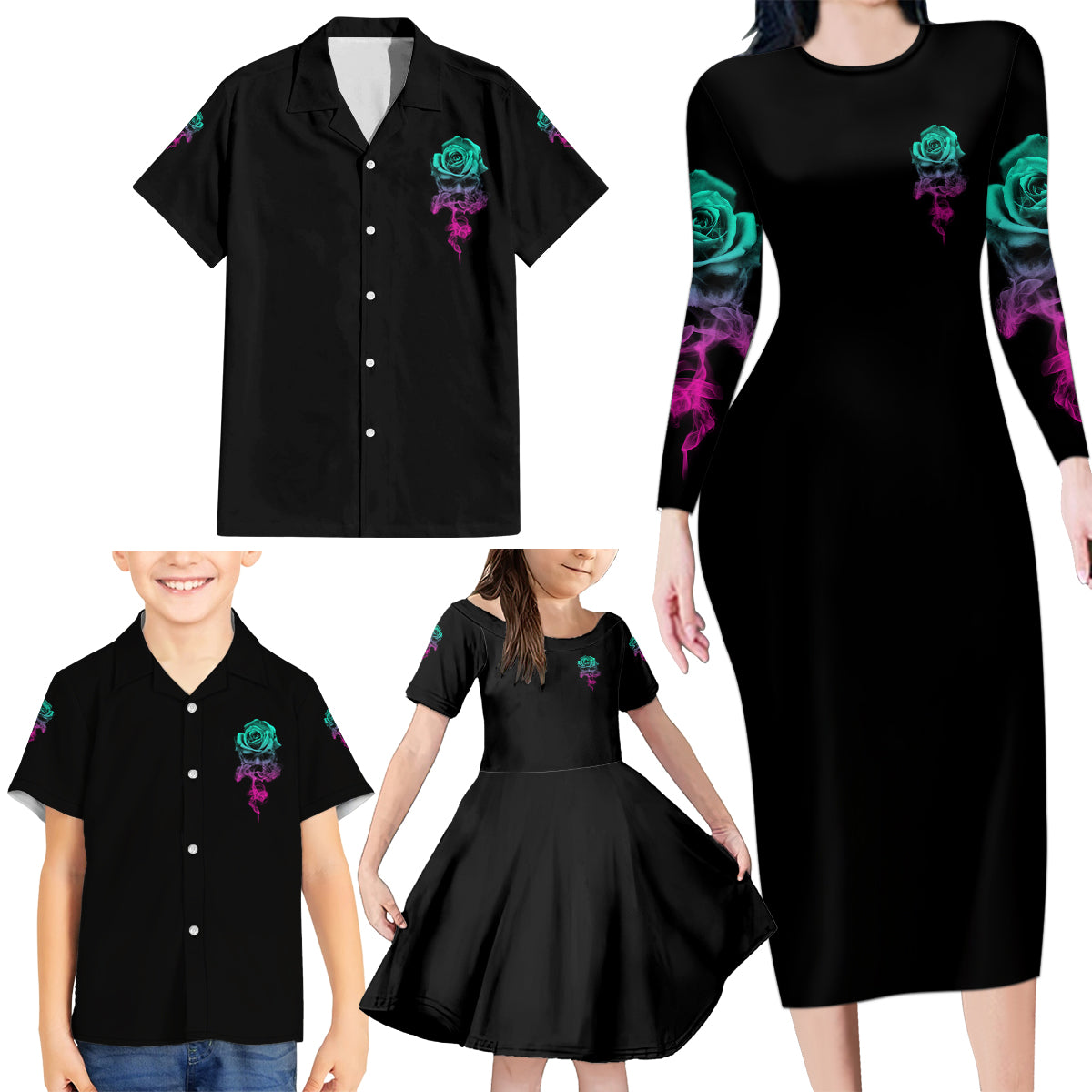 I Can Buy Myself Flowers Smoke Rose Skull Family Matching Long Sleeve Bodycon Dress and Hawaiian Shirt - Wonder Print Shop