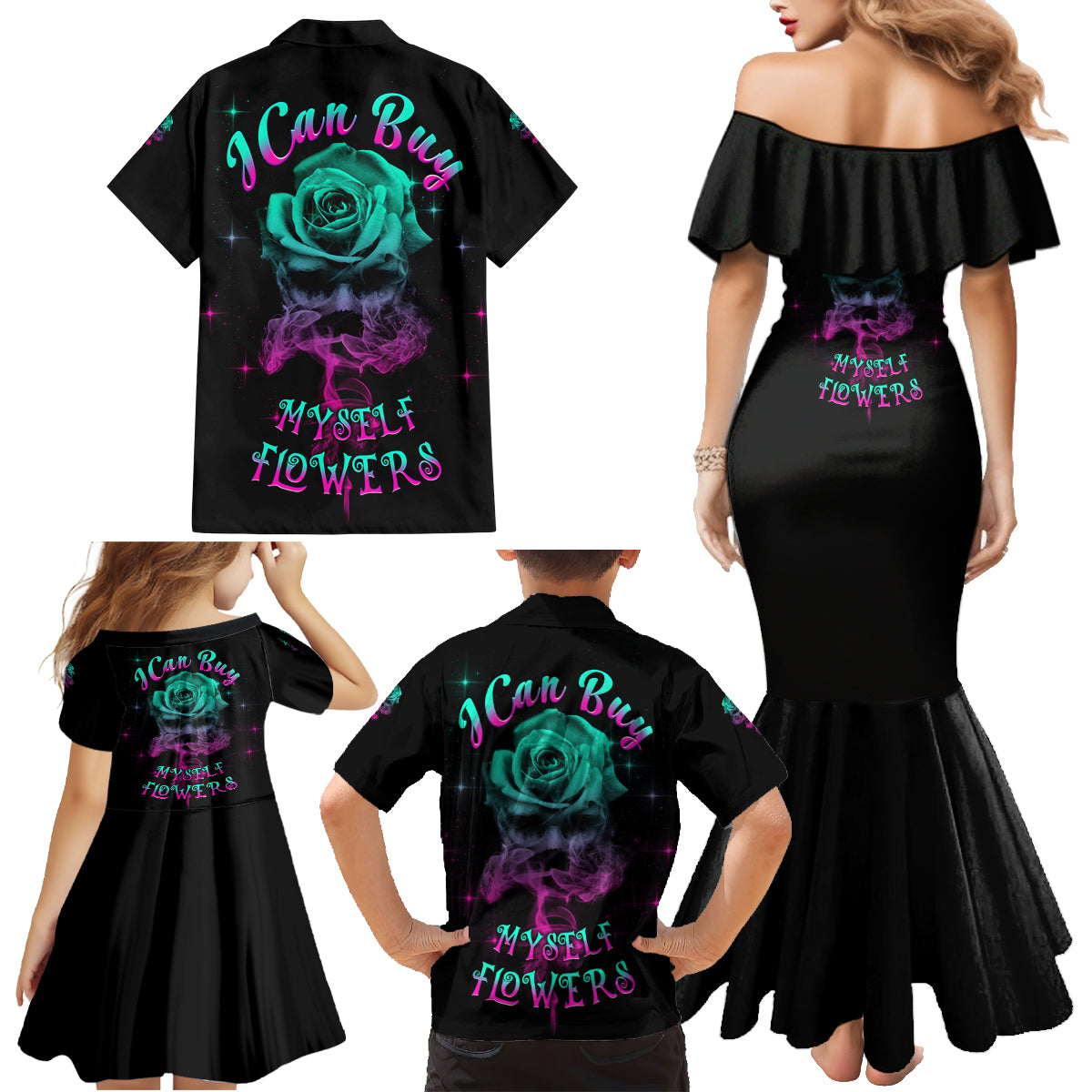 I Can Buy Myself Flowers Smoke Rose Skull Family Matching Mermaid Dress and Hawaiian Shirt - Wonder Print Shop