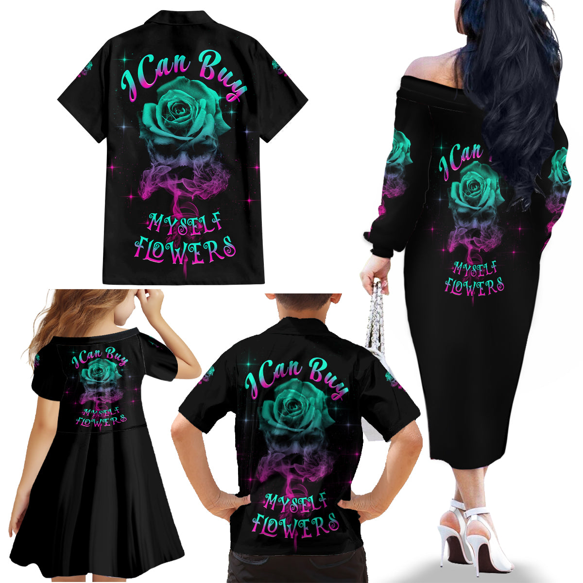 I Can Buy Myself Flowers Smoke Rose Skull Family Matching Off Shoulder Long Sleeve Dress and Hawaiian Shirt - Wonder Print Shop