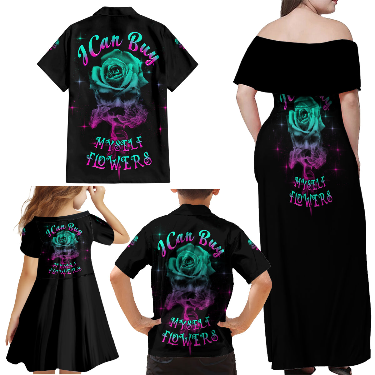 I Can Buy Myself Flowers Smoke Rose Skull Family Matching Off Shoulder Maxi Dress and Hawaiian Shirt - Wonder Print Shop