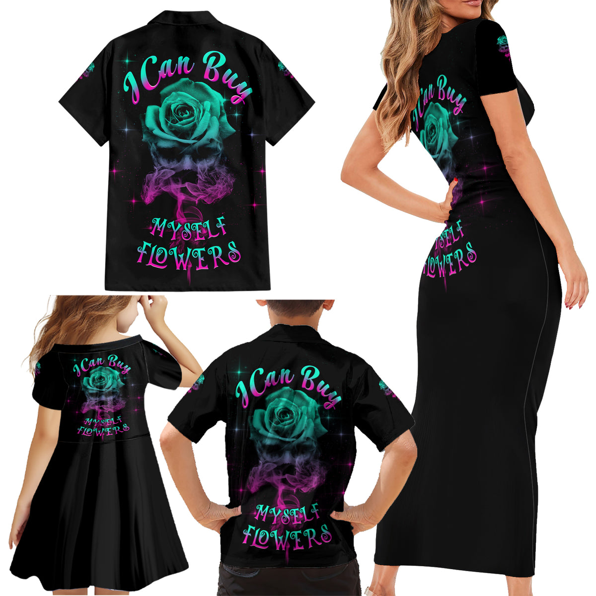 I Can Buy Myself Flowers Smoke Rose Skull Family Matching Short Sleeve Bodycon Dress and Hawaiian Shirt - Wonder Print Shop
