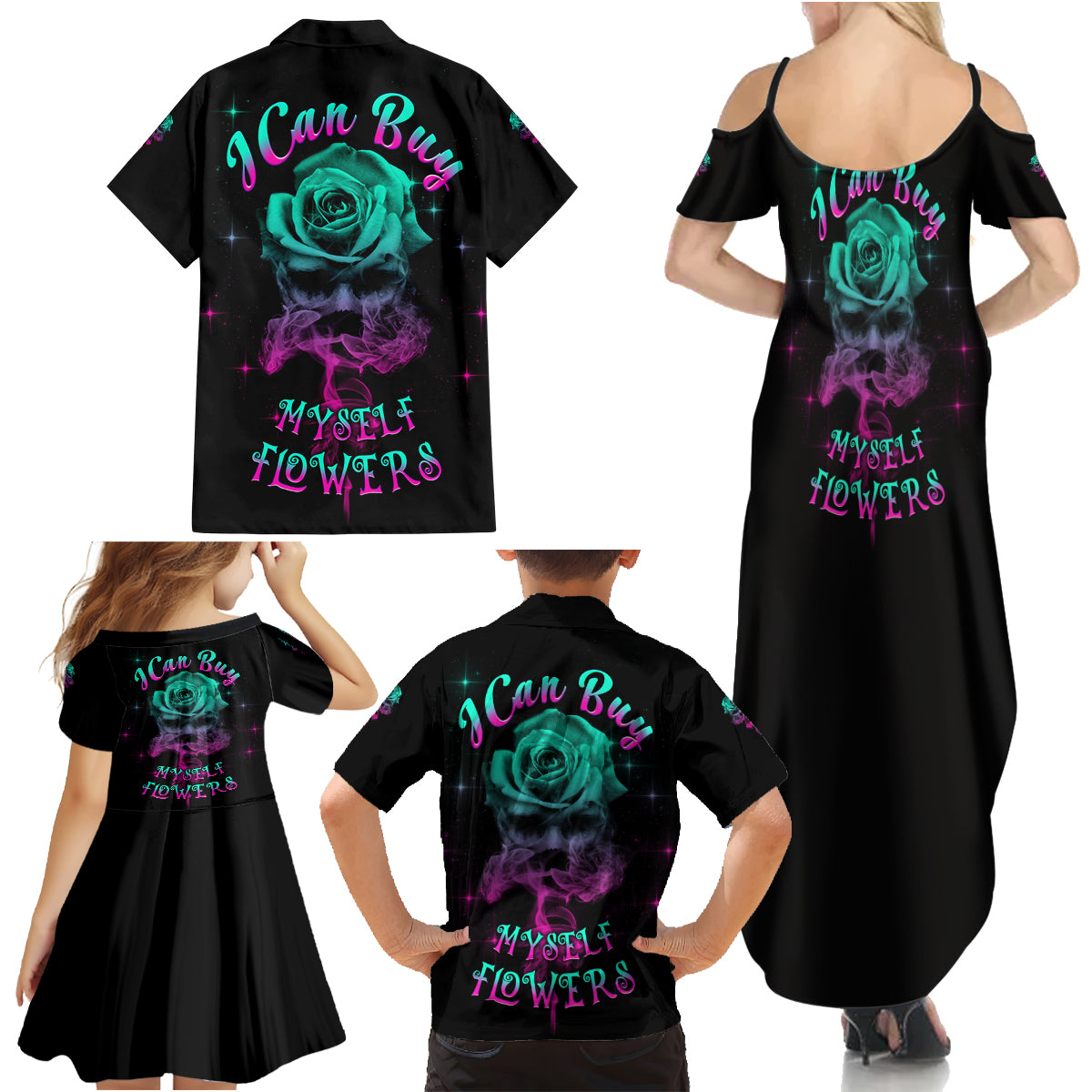 I Can Buy Myself Flowers Smoke Rose Skull Family Matching Summer Maxi Dress and Hawaiian Shirt - Wonder Print Shop