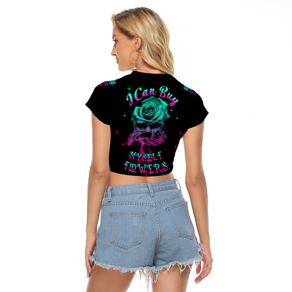 I Can Buy Myself Flowers Smoke Rose Skull Raglan Cropped T Shirt - Wonder Print Shop