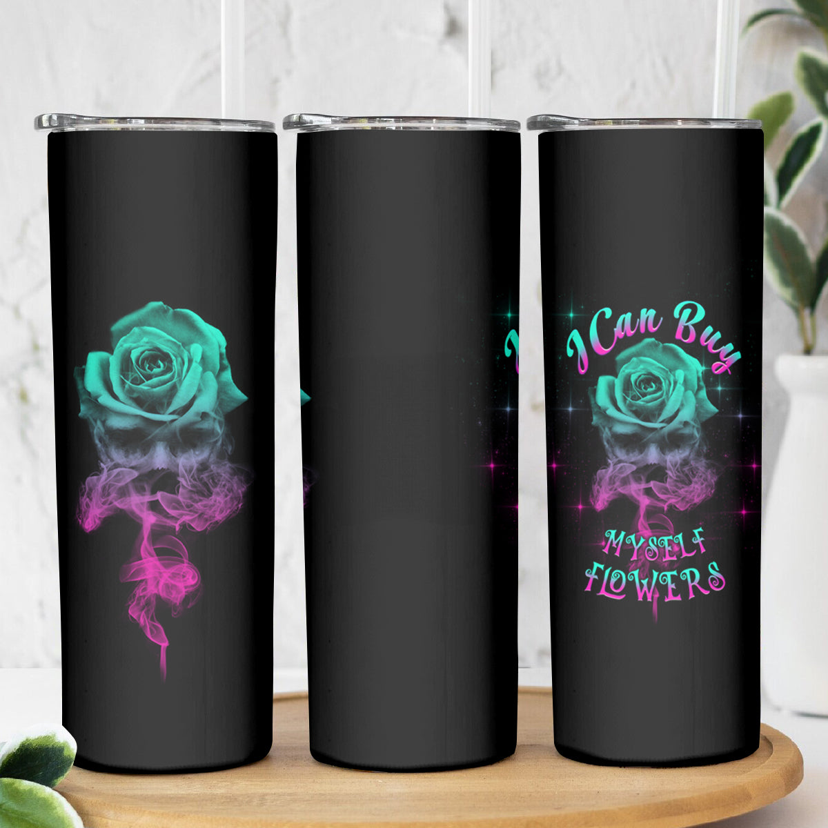 I Can Buy Myself Flowers Smoke Rose Skull Skinny Tumbler - Wonder Print Shop