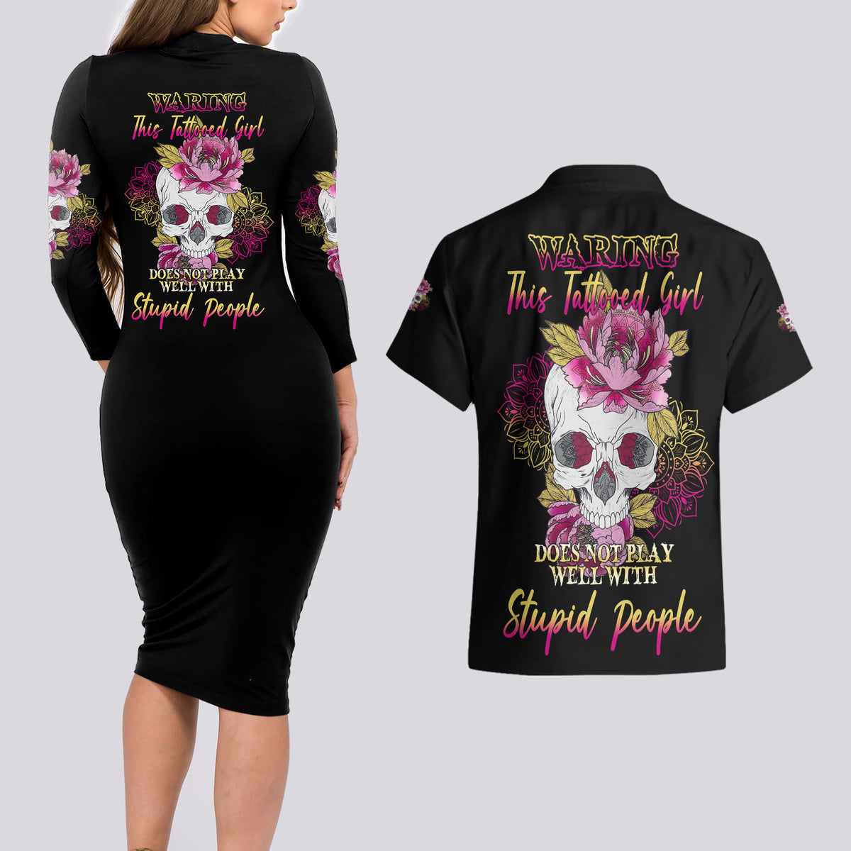 Warning This Tattooed Girl Couples Matching Long Sleeve Bodycon Dress and Hawaiian Shirt - Wonder Print Shop