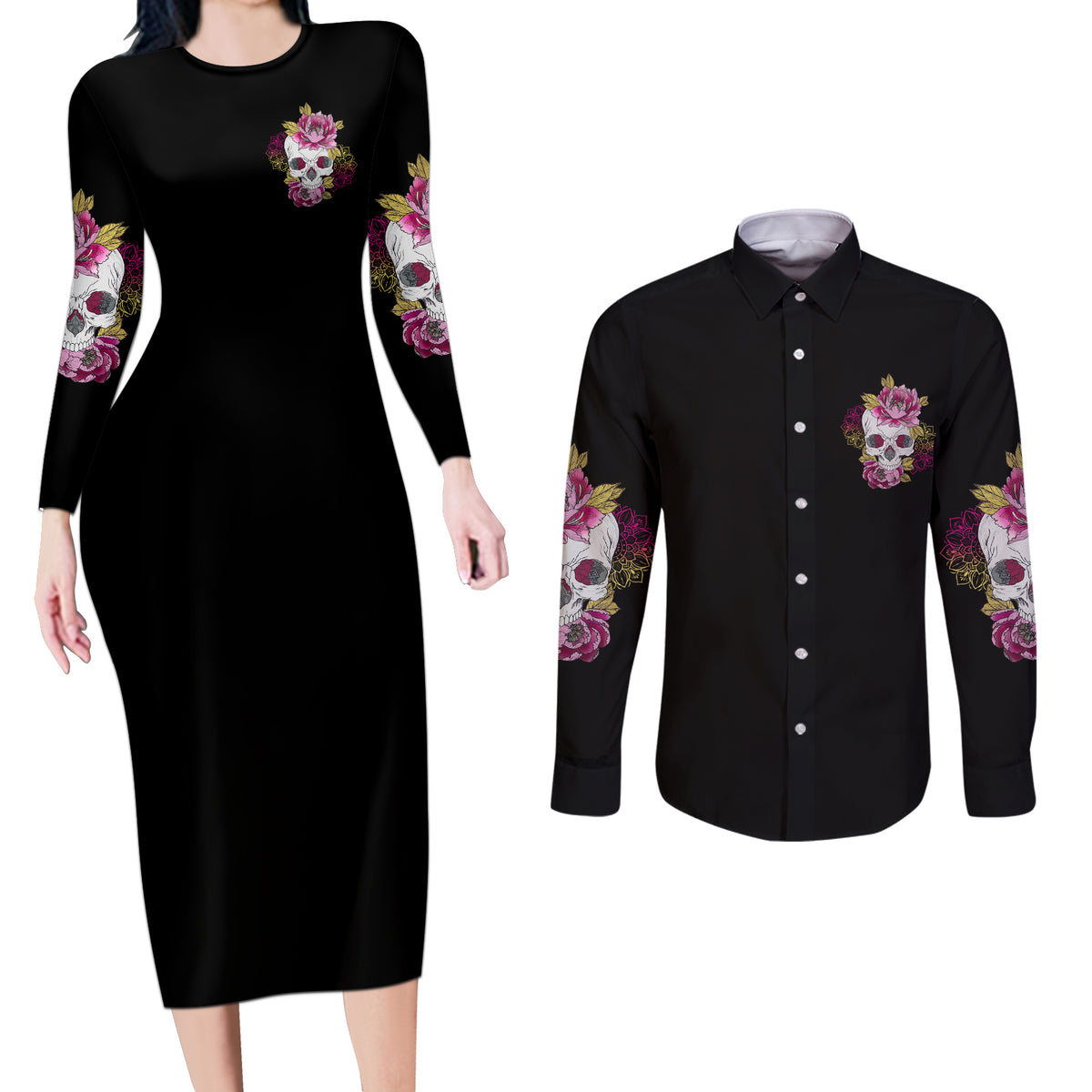 Warning This Tattooed Girl Couples Matching Long Sleeve Bodycon Dress and Long Sleeve Button Shirt - Wonder Print Shop