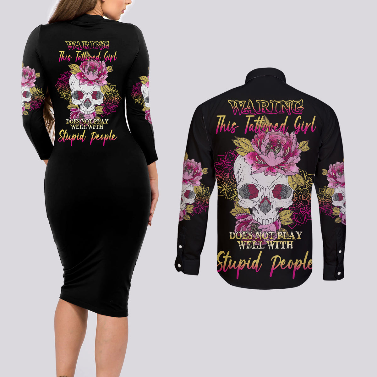Warning This Tattooed Girl Couples Matching Long Sleeve Bodycon Dress and Long Sleeve Button Shirt - Wonder Print Shop