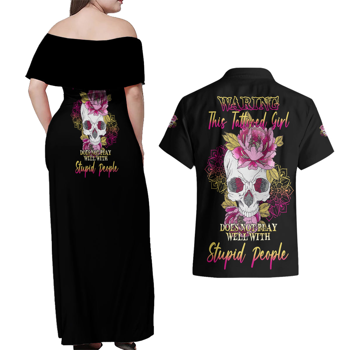 Warning This Tattooed Girl Couples Matching Off Shoulder Maxi Dress and Hawaiian Shirt - Wonder Print Shop