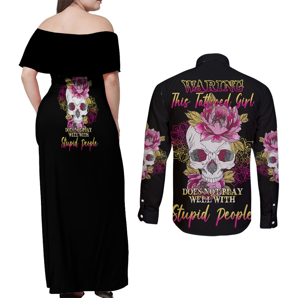 Warning This Tattooed Girl Couples Matching Off Shoulder Maxi Dress and Long Sleeve Button Shirt - Wonder Print Shop
