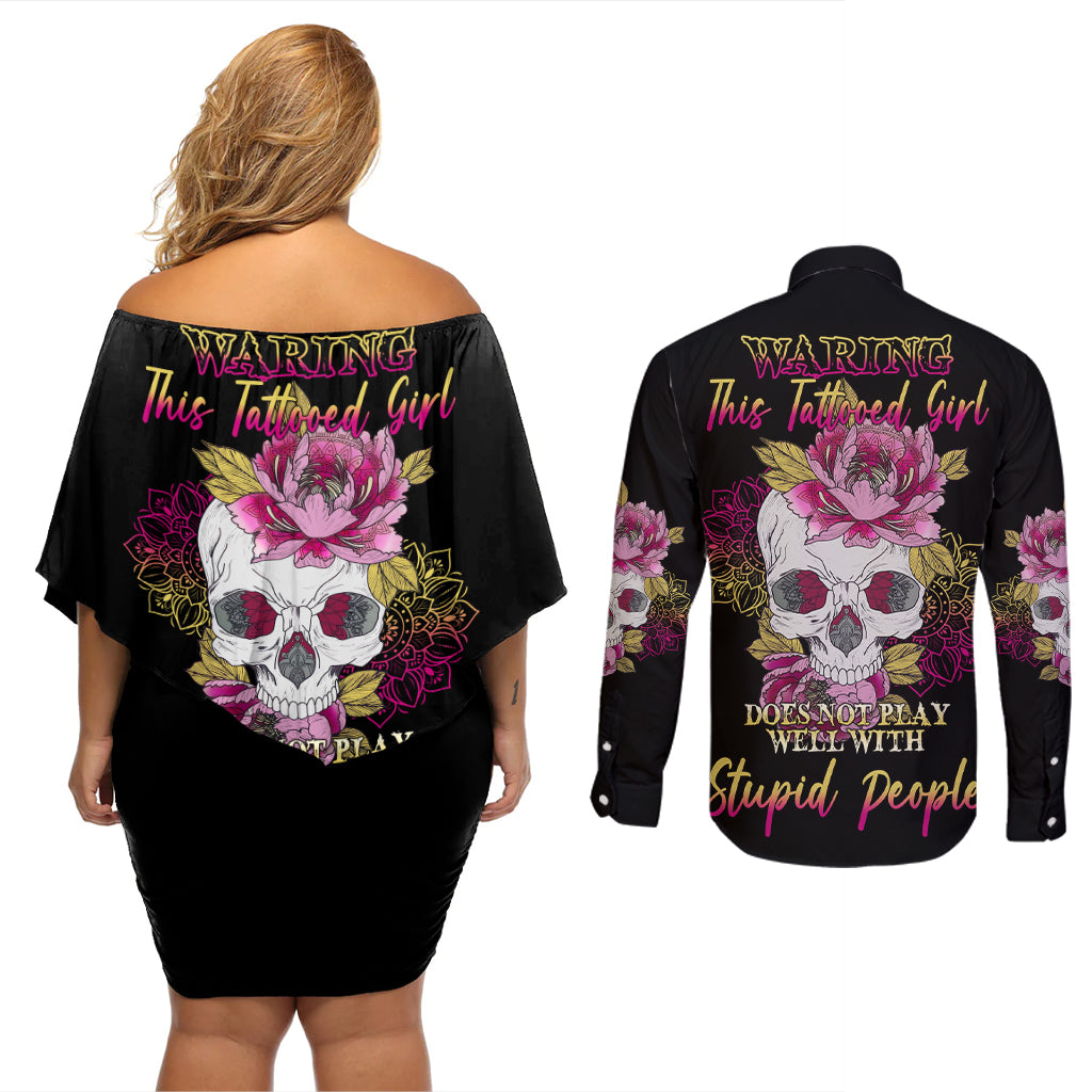 Warning This Tattooed Girl Couples Matching Off Shoulder Short Dress and Long Sleeve Button Shirt - Wonder Print Shop