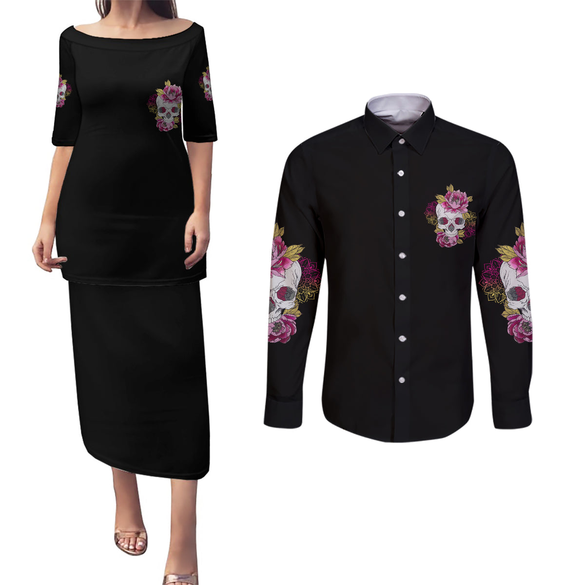 Warning This Tattooed Girl Couples Matching Puletasi Dress and Long Sleeve Button Shirt - Wonder Print Shop