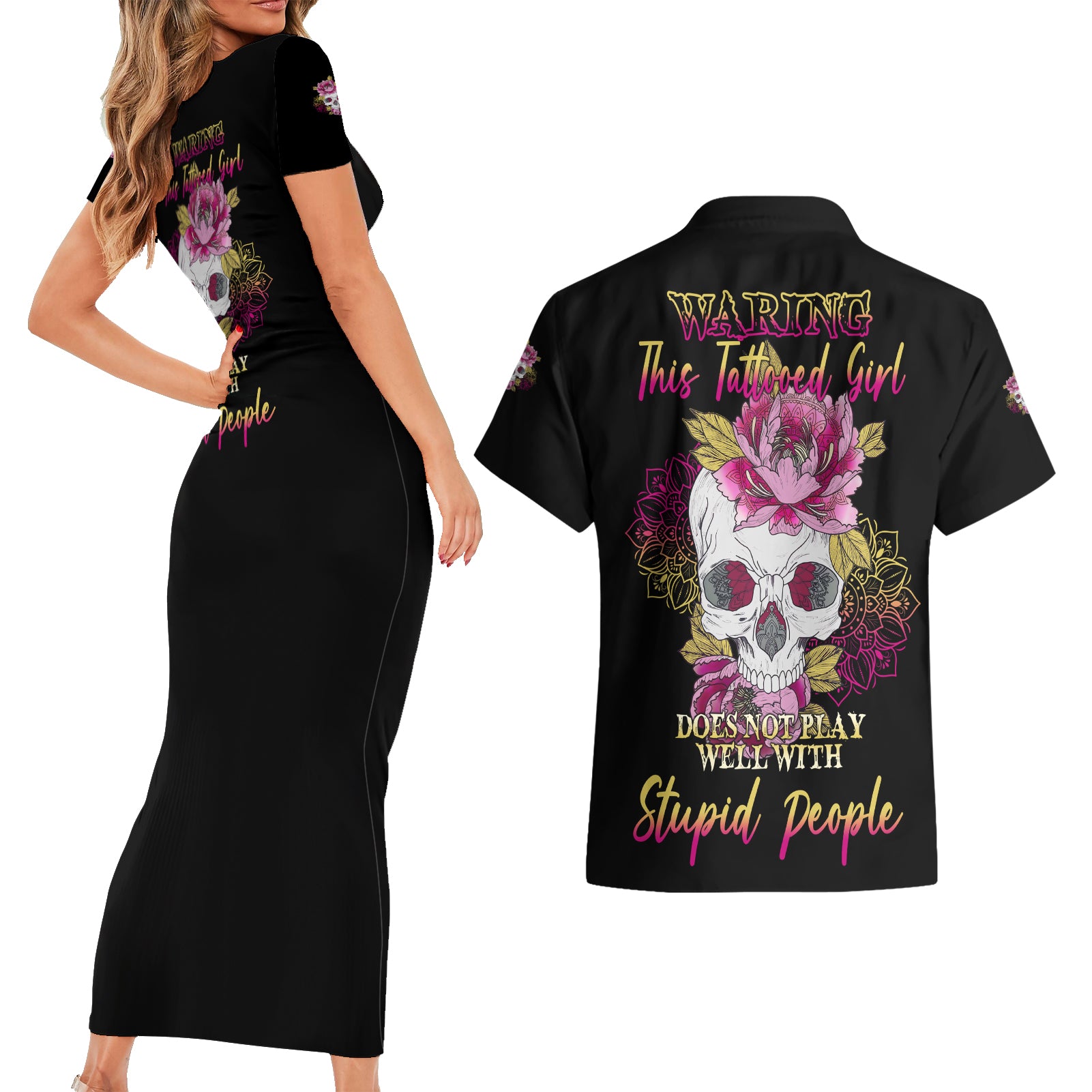 Warning This Tattooed Girl Couples Matching Short Sleeve Bodycon Dress and Hawaiian Shirt - Wonder Print Shop