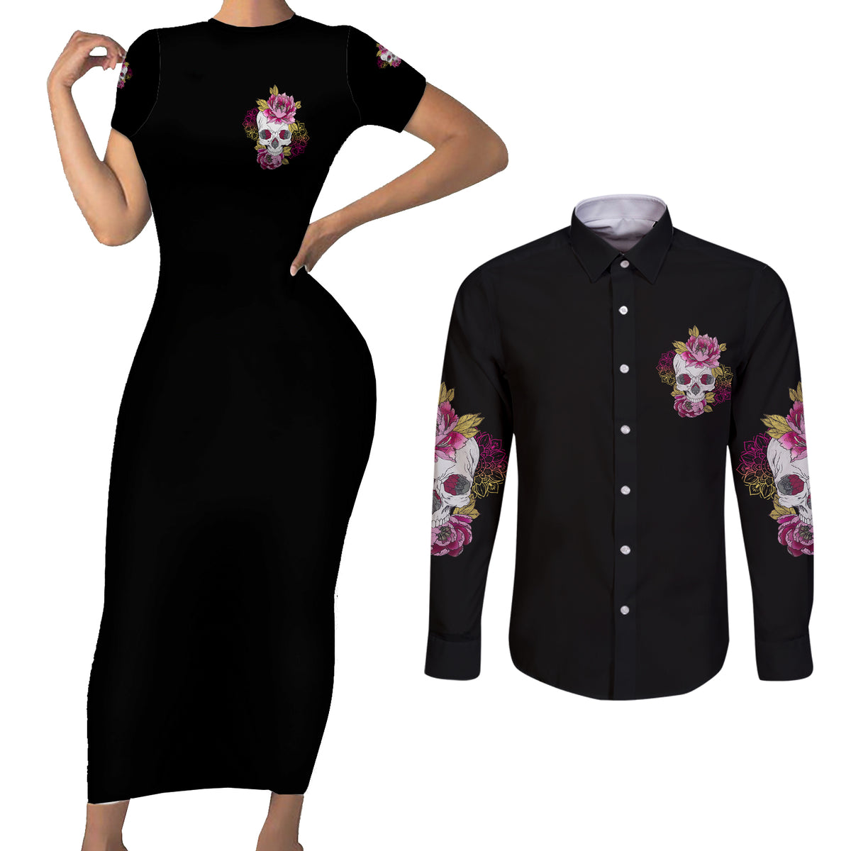 Warning This Tattooed Girl Couples Matching Short Sleeve Bodycon Dress and Long Sleeve Button Shirt - Wonder Print Shop